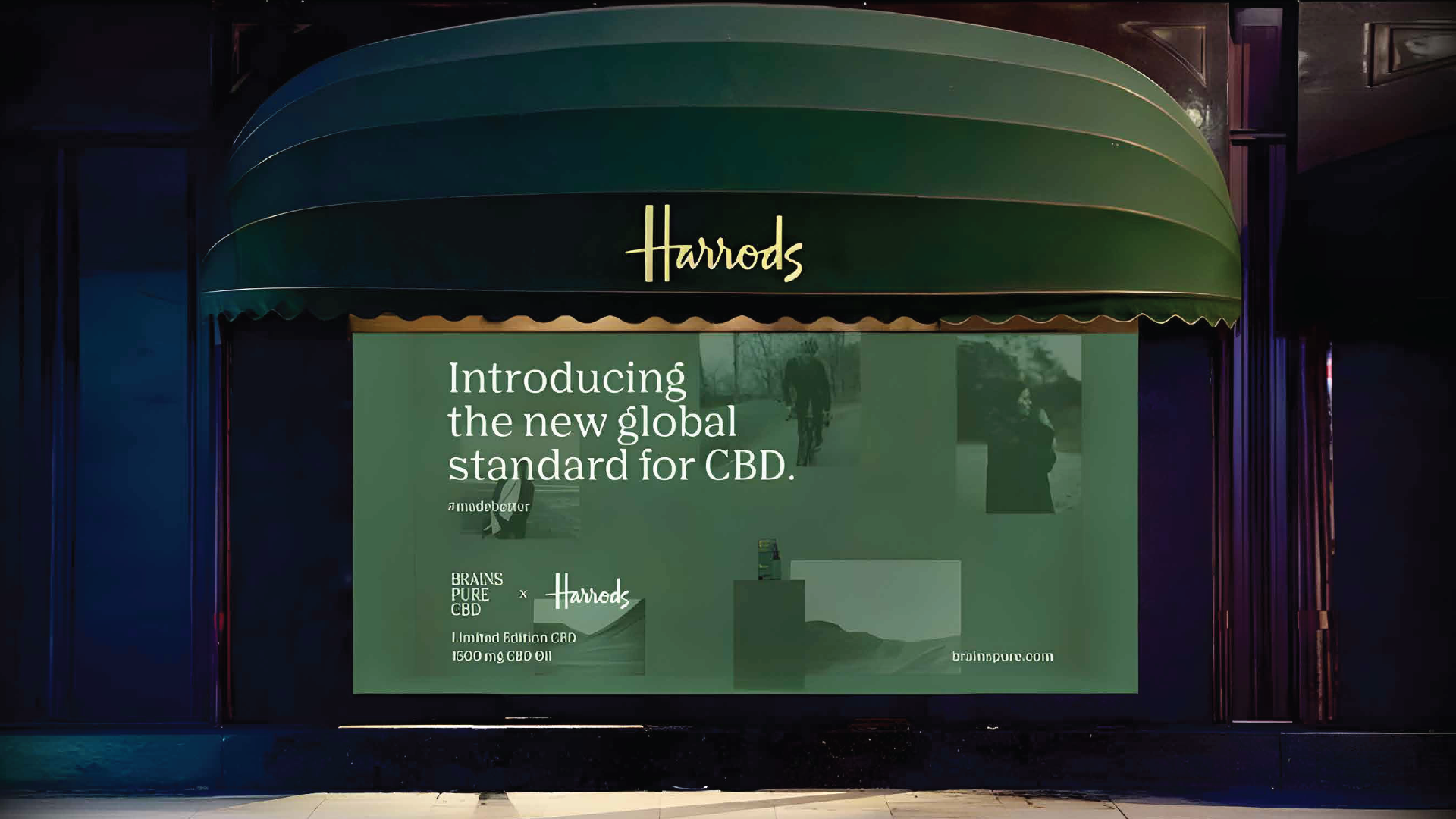 Brains Pure CBD packaging on the shelves of Harrods, London